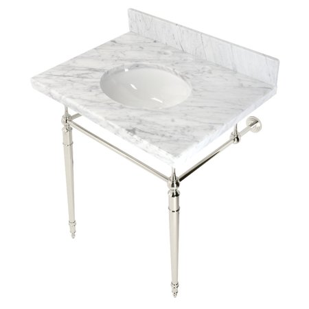 FAUCETURE KVPB3022M86 30" Console Sink with Brass Legs (8-Inch, 3 Hole), Marble White/Polished Nickel KVPB3022M86